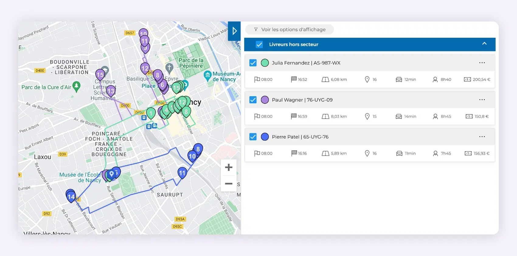L'interface AntsRoute montrant trois itinéraires optimisés.