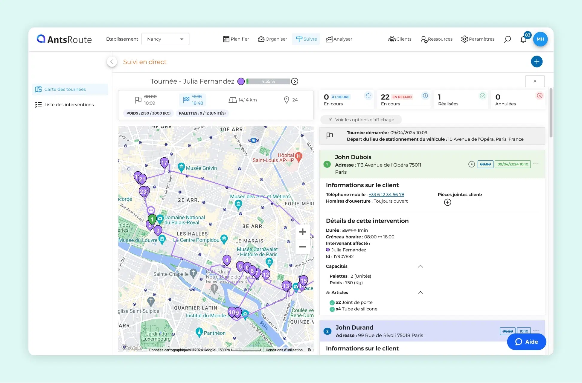 L'interface AntsRoute montrant le suivi en temps réel d'une tournée d'interventions.