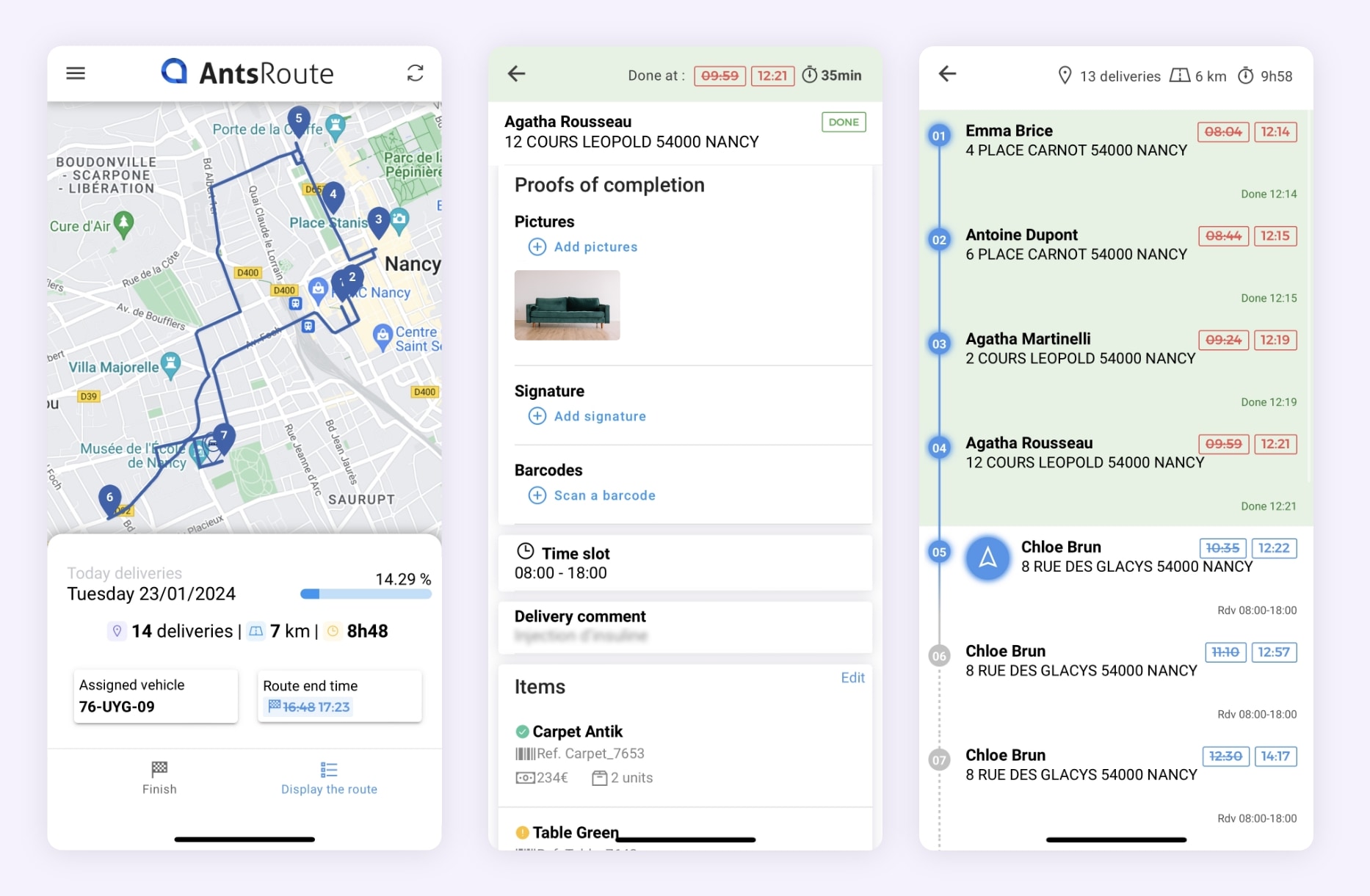 The AntsRoute mobile application showing information on deliveries.