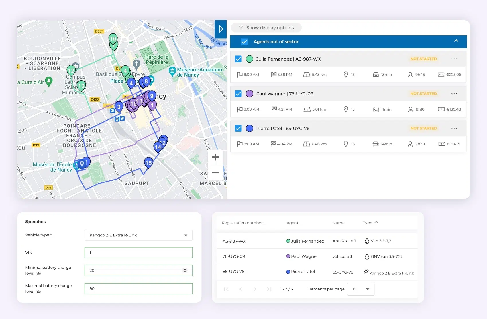 Three delivery routes optimised using AntsRoute software.