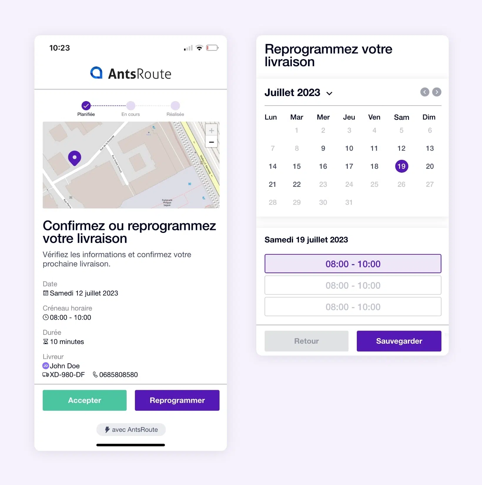 Un lien de confirmation d'une livraison envoyé via AntsRoute.
