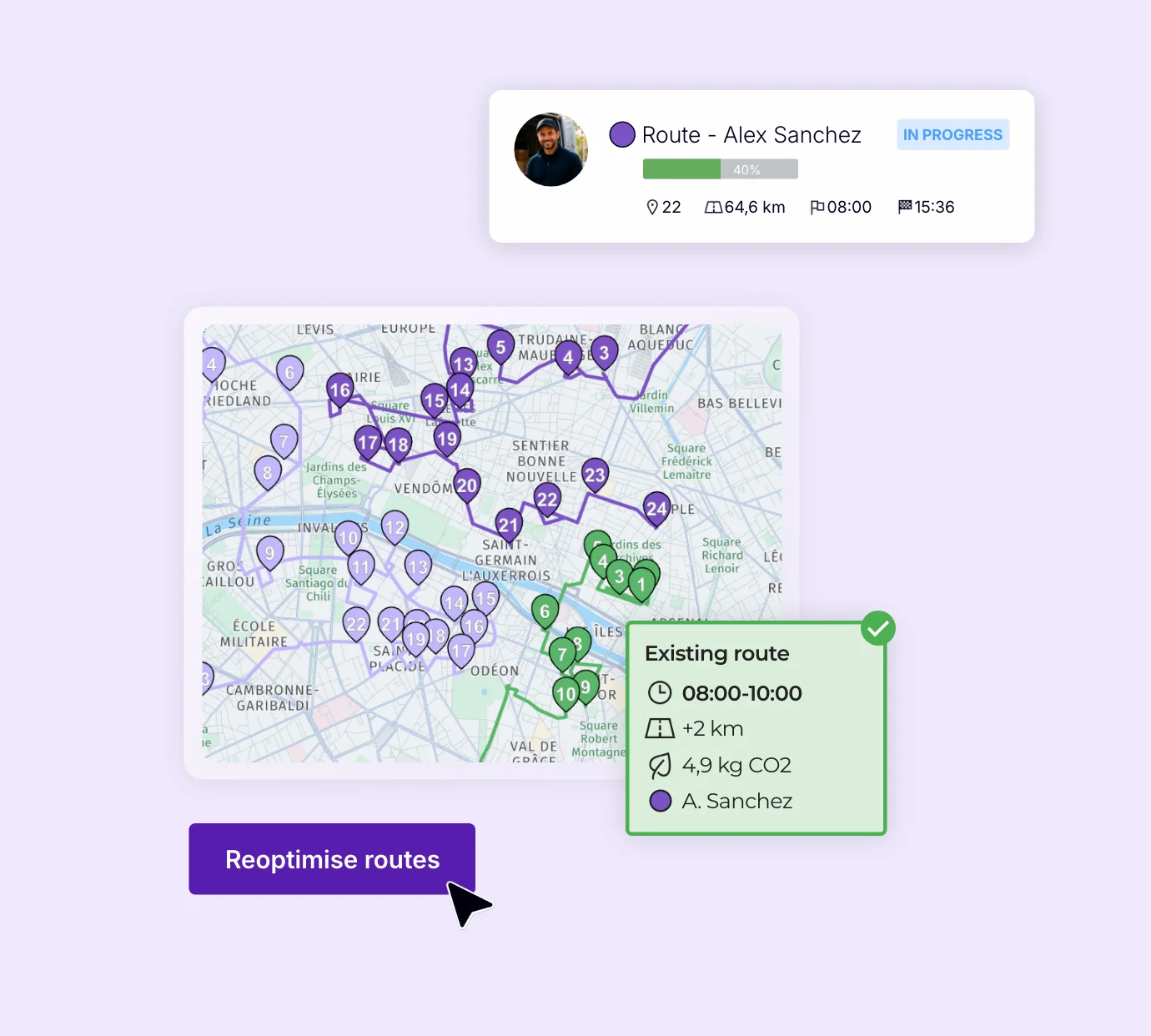 Reoptimisation of an existing route based on constraints and unexpected changes