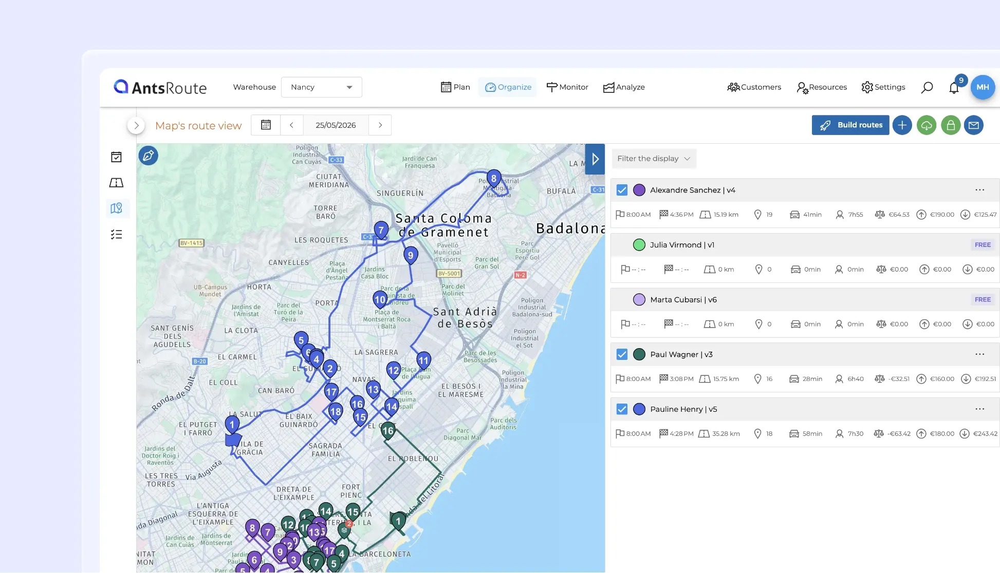 Screenshot of the AntsRoute interface displaying a route optimization map with multiple colored routes, numbered delivery stops, and a route and driver monitoring panel on the right side.