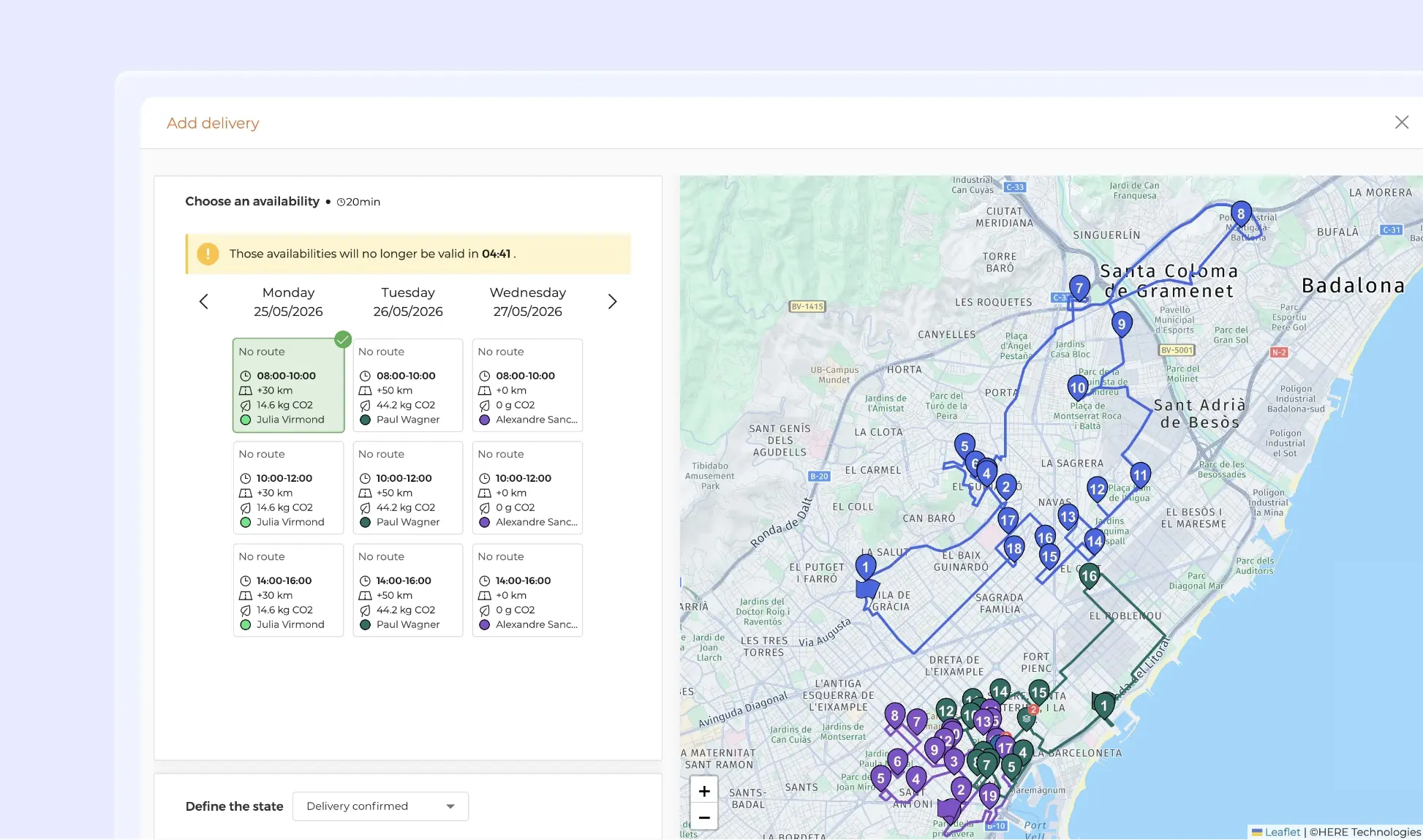 Screenshot of the AntsRoute interface showing the addition of a delivery with several automatically suggested availability time slots, associated with existing routes displayed on a route optimization map.