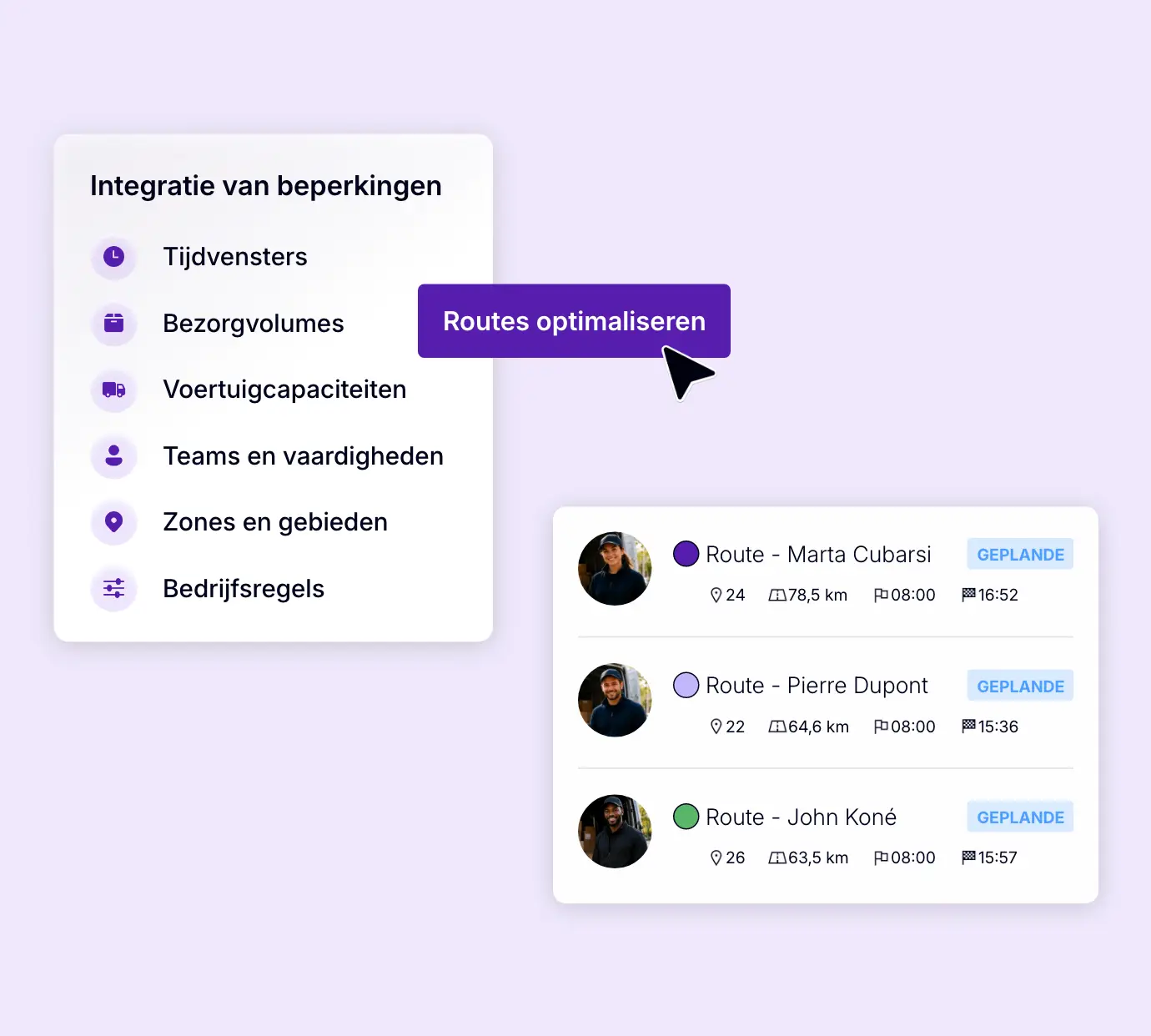 Routeoptimalisatie op basis van tijdvensters, voertuigcapaciteiten en teamvaardigheden