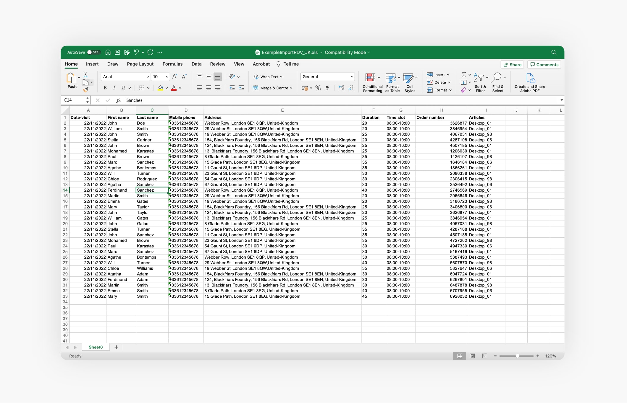 Excel file with a list of work orders