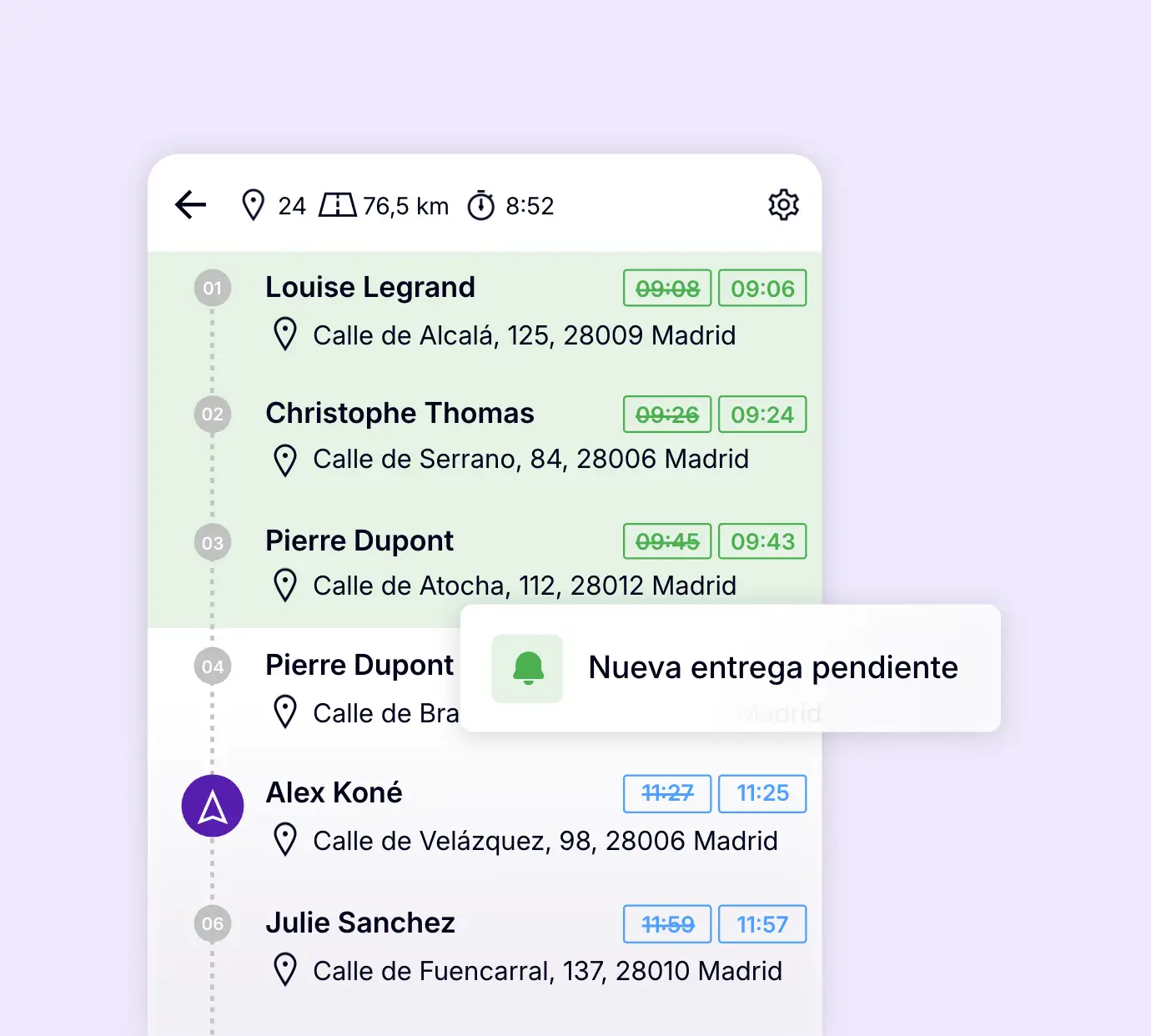 Actualización en tiempo real de la ruta de un conductor de reparto