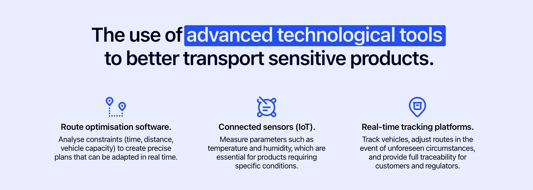 Diagram showing three advanced technological tools for better transport of sensitive products.