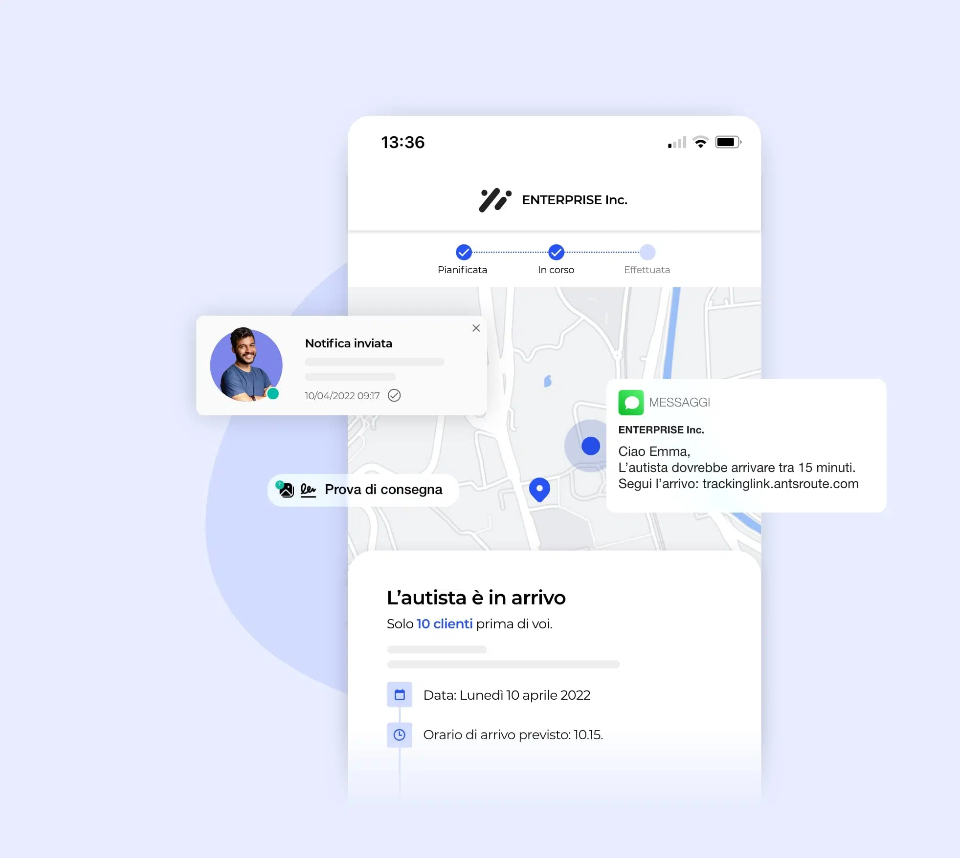 L'interfaccia AntsRoute consente di inviare una notifica con un link di geolocalizzazione per l'autista delle consegne.