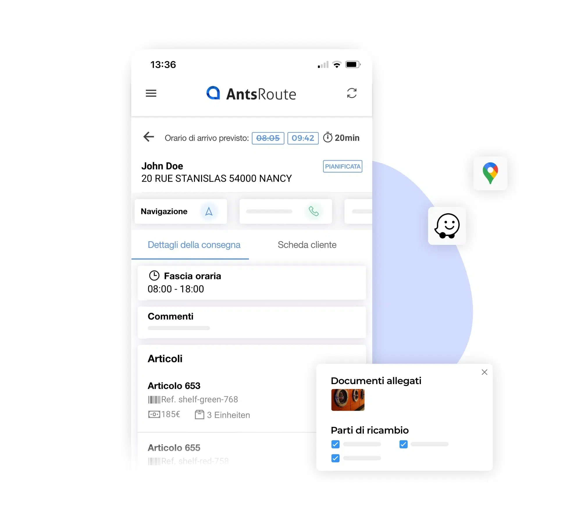 L'applicazione mobile AntsRoute mostra i dettagli di un ordine di lavoro.
