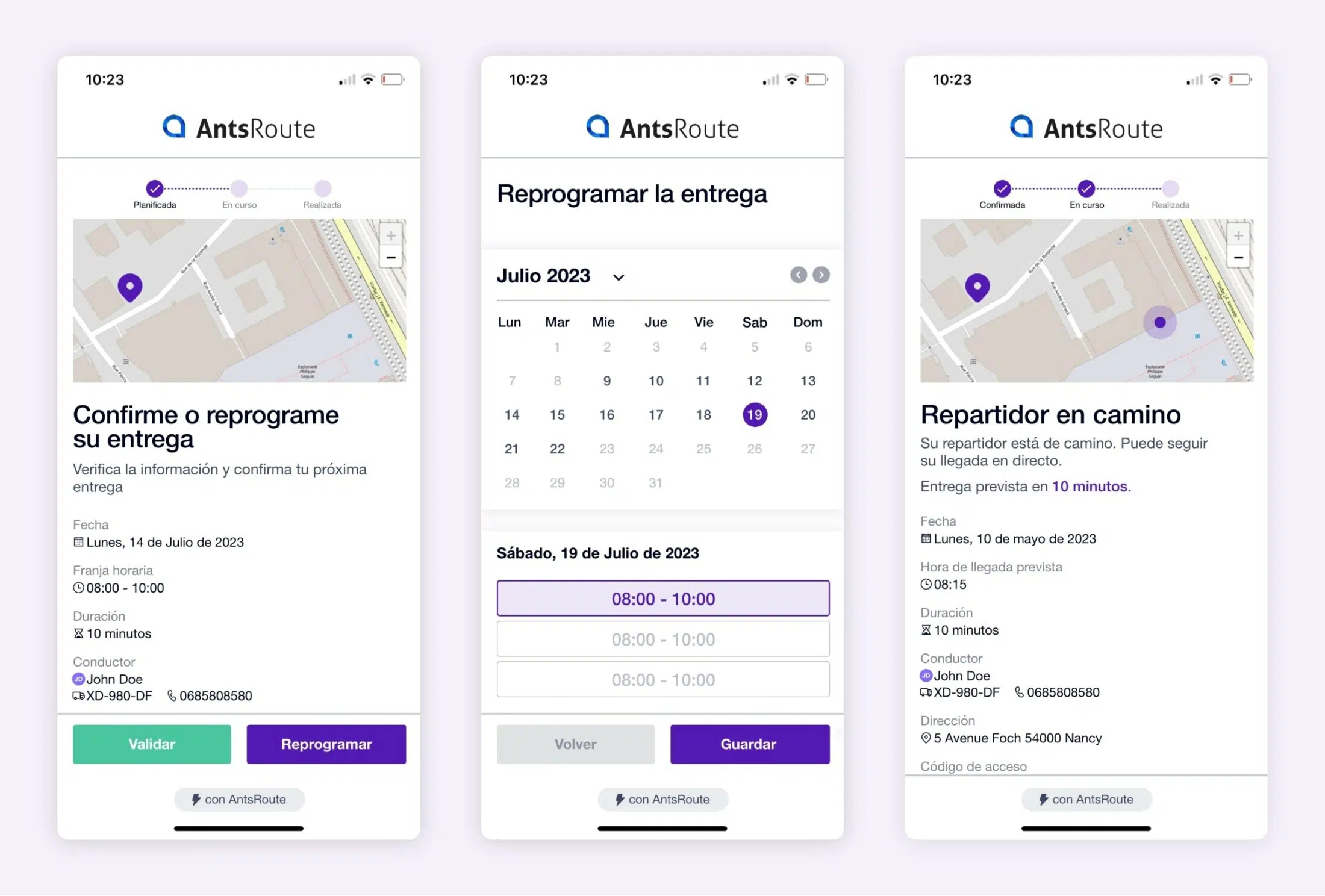 SMS enviado a través de AntsRoute con un enlace para reprogramar una entrega.