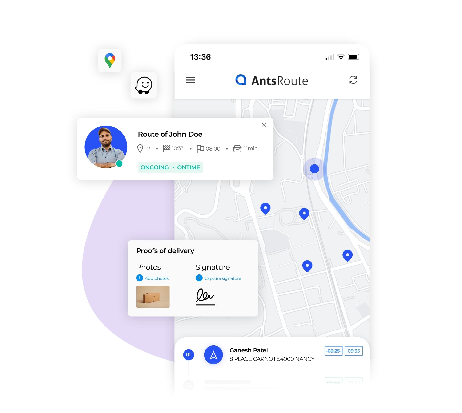 The AntsRoute mobile route tracking application is connected to a GPS navigation system. 