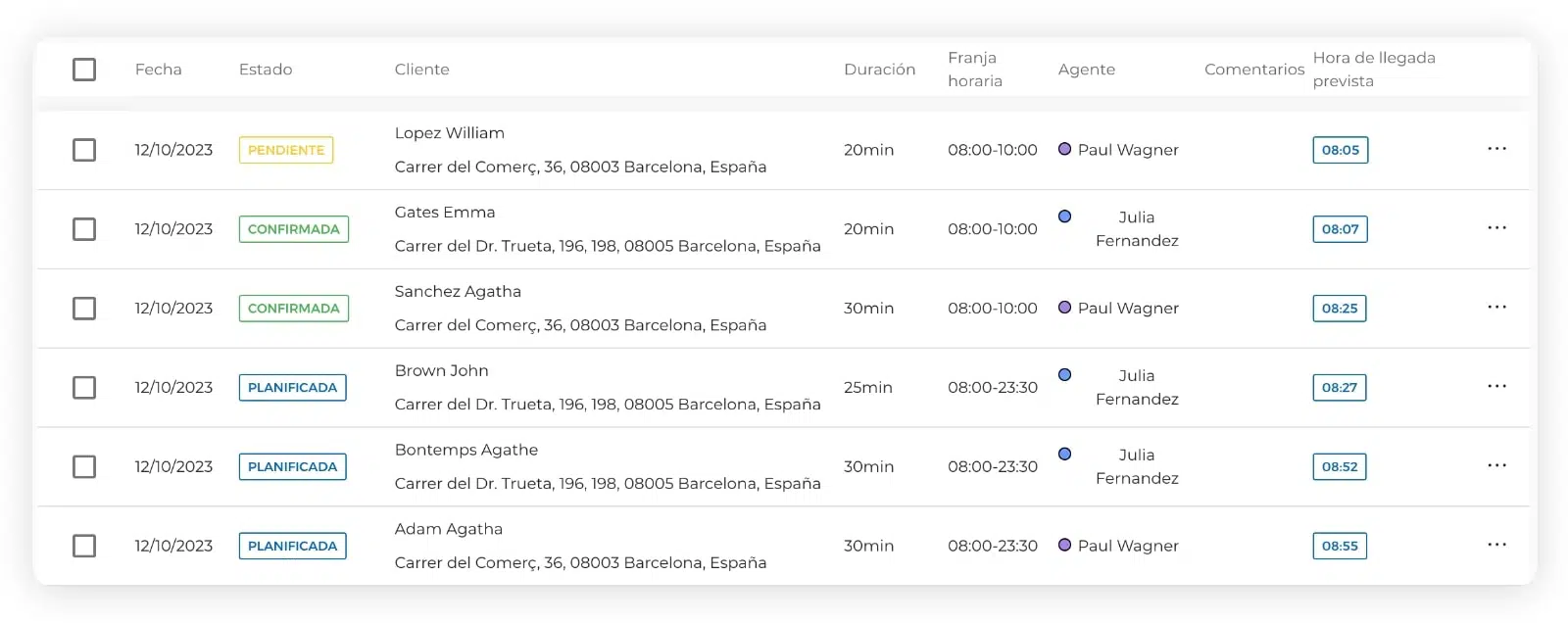 Lista de entregas planificadas en AntsRoute.