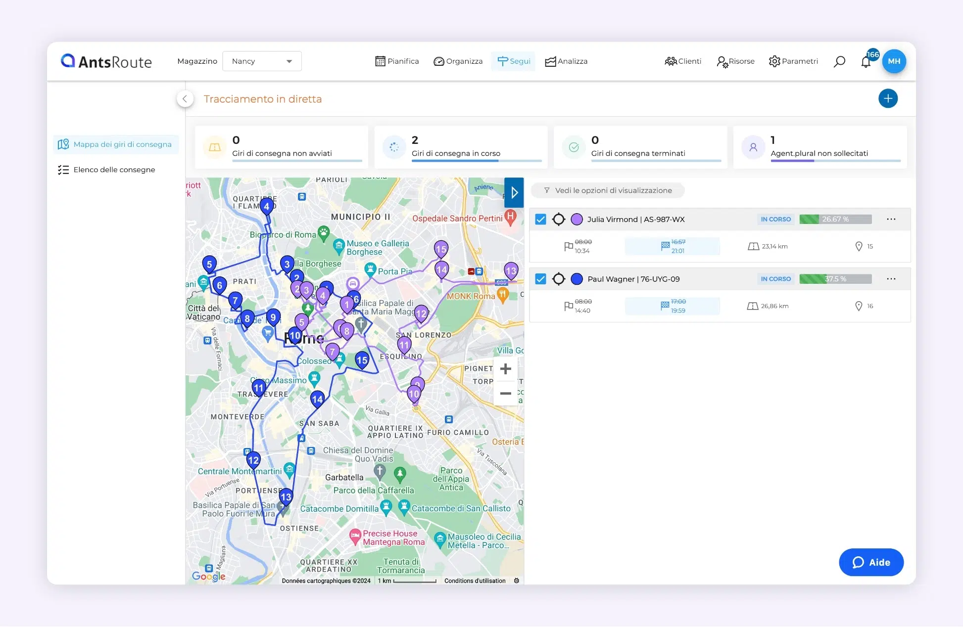 Il software AntsRoute mostra due giri di consegne ottimizzati.