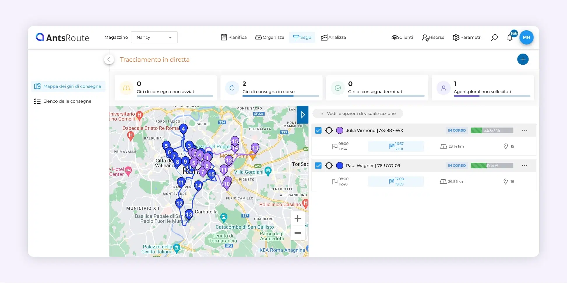 L'interfaccia del software AntsRoute mostra due giri di consegna ottimizzati.