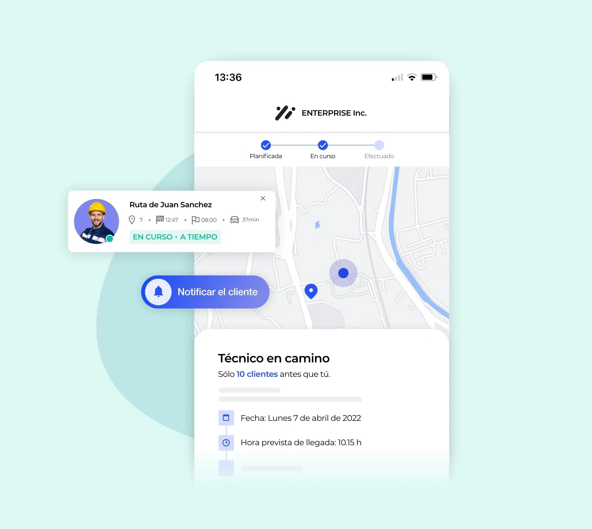 La geolocalización de un técnico de camino en un mapa.