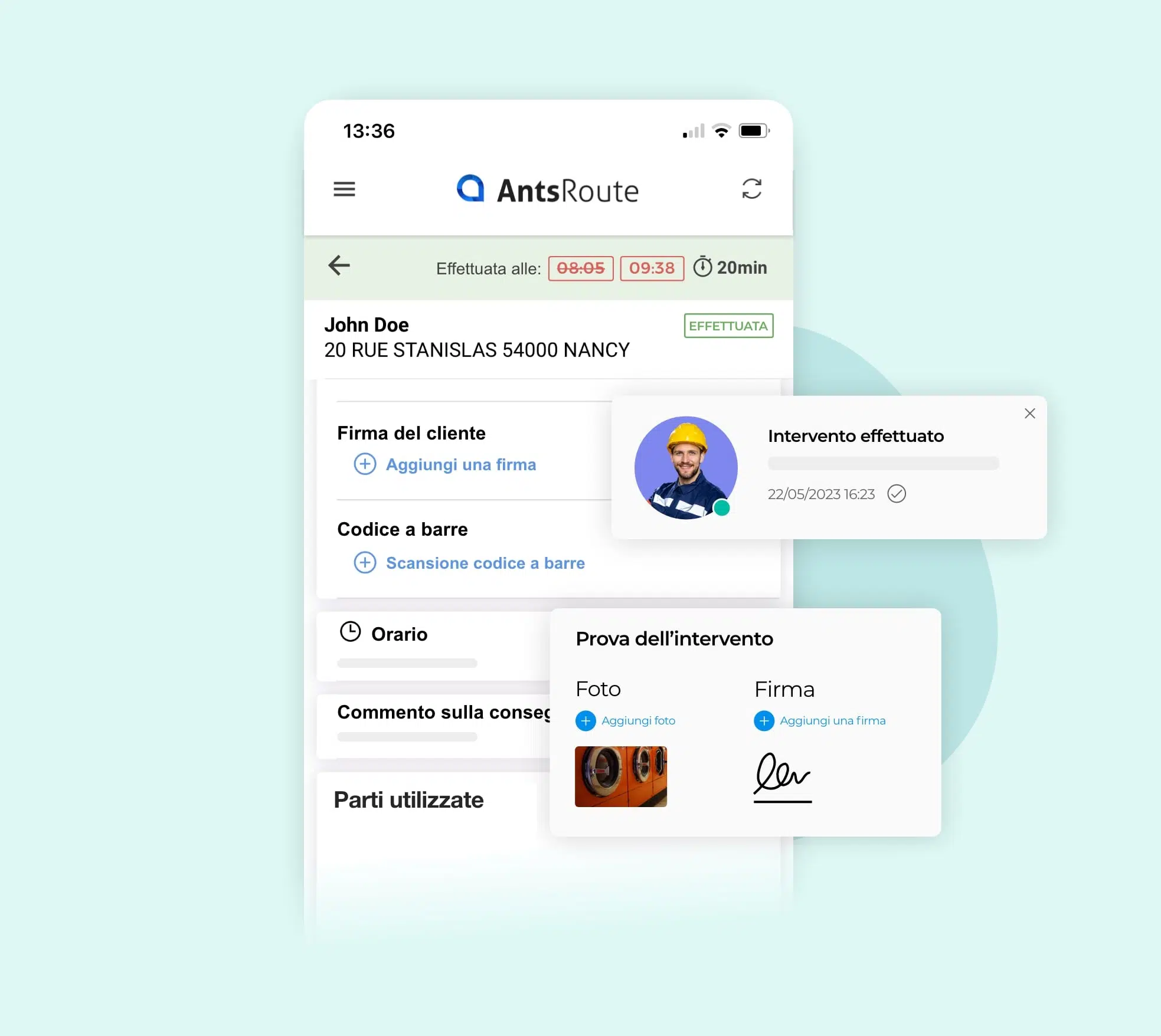 Convalida di un intervento, con prova di passaggio aggiunta all'applicazione mobile AntsRoute.