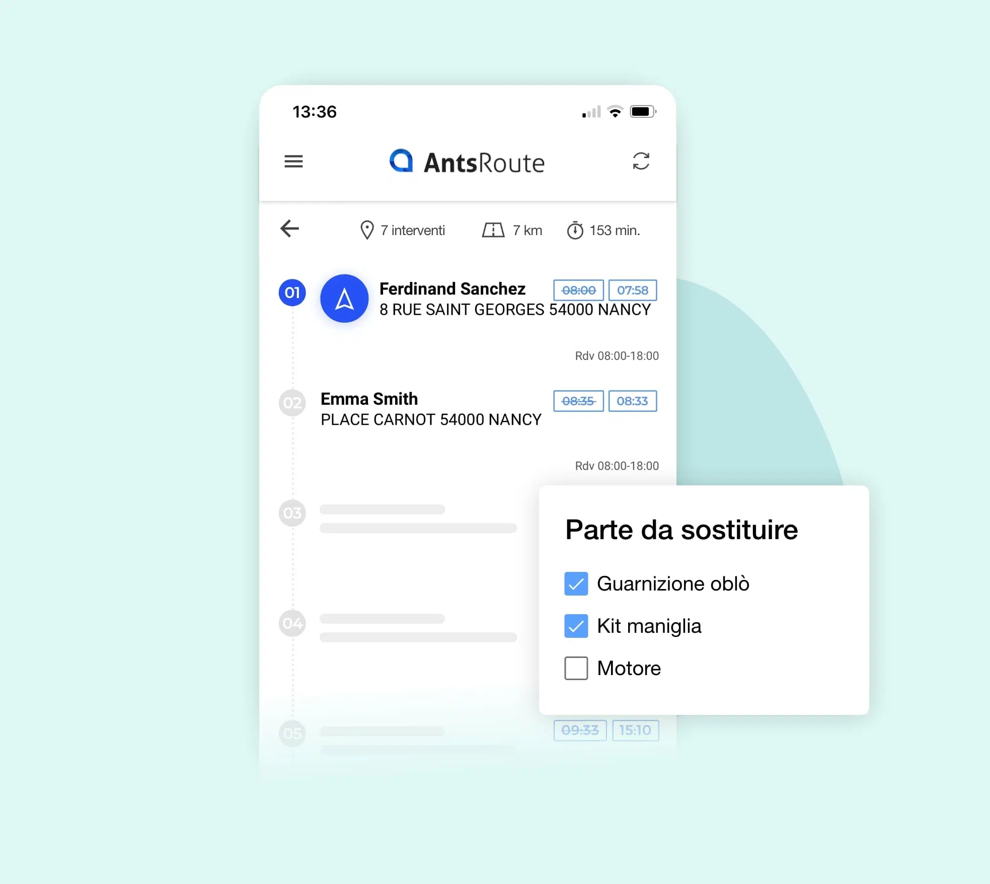 Gestione dei campi di intervento personalizzati sull'applicazione mobile AntsRoute.