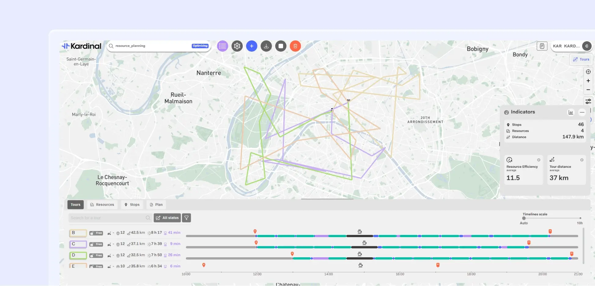Screenshot of the Kardinal route optimisation software interface displaying multiple colour-coded delivery routes across a city map, alongside operational indicators, route timelines and resource planning tools for field operations management.
