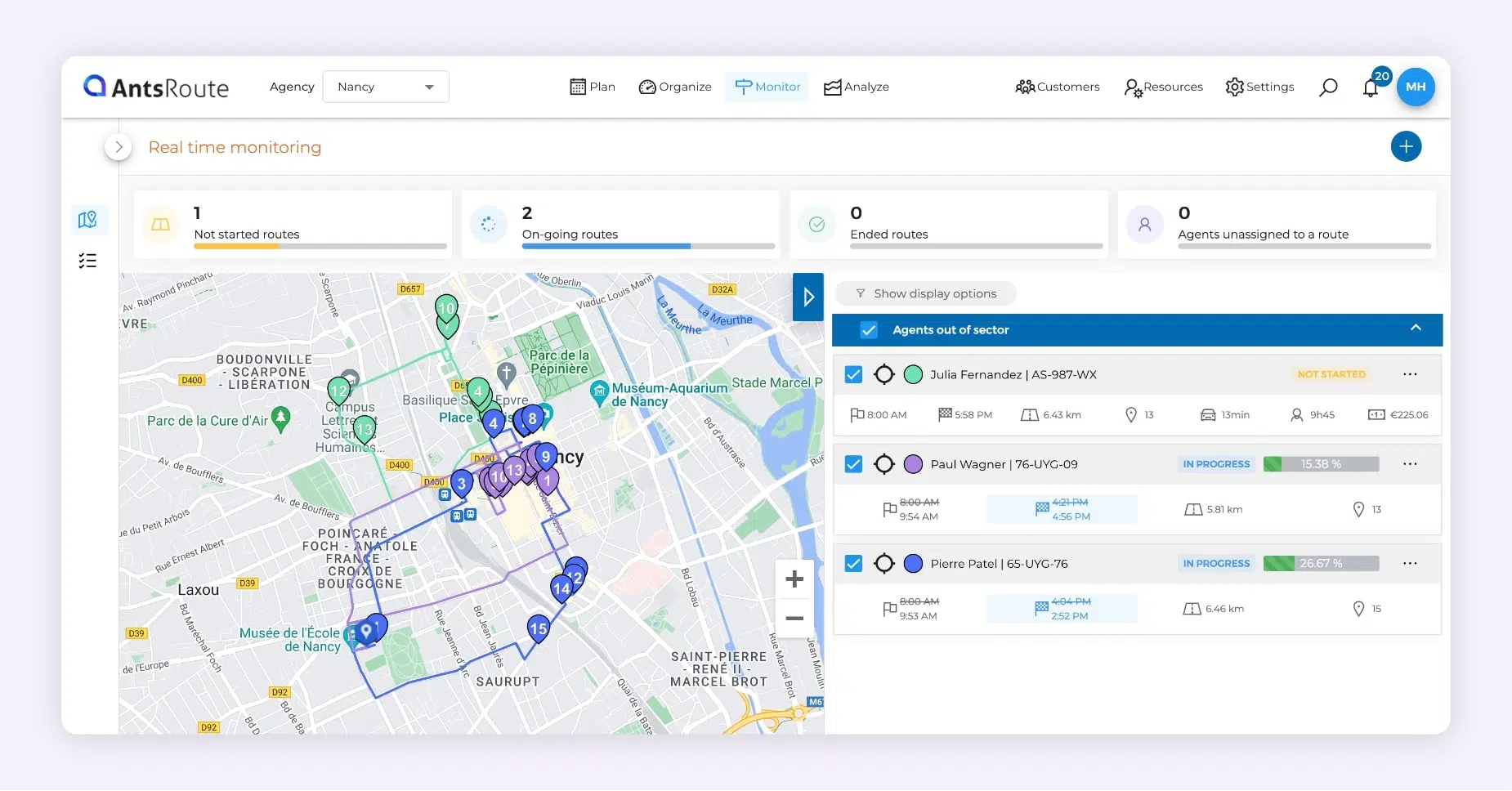 AntsRoute interface showing three delivery routes on a map.