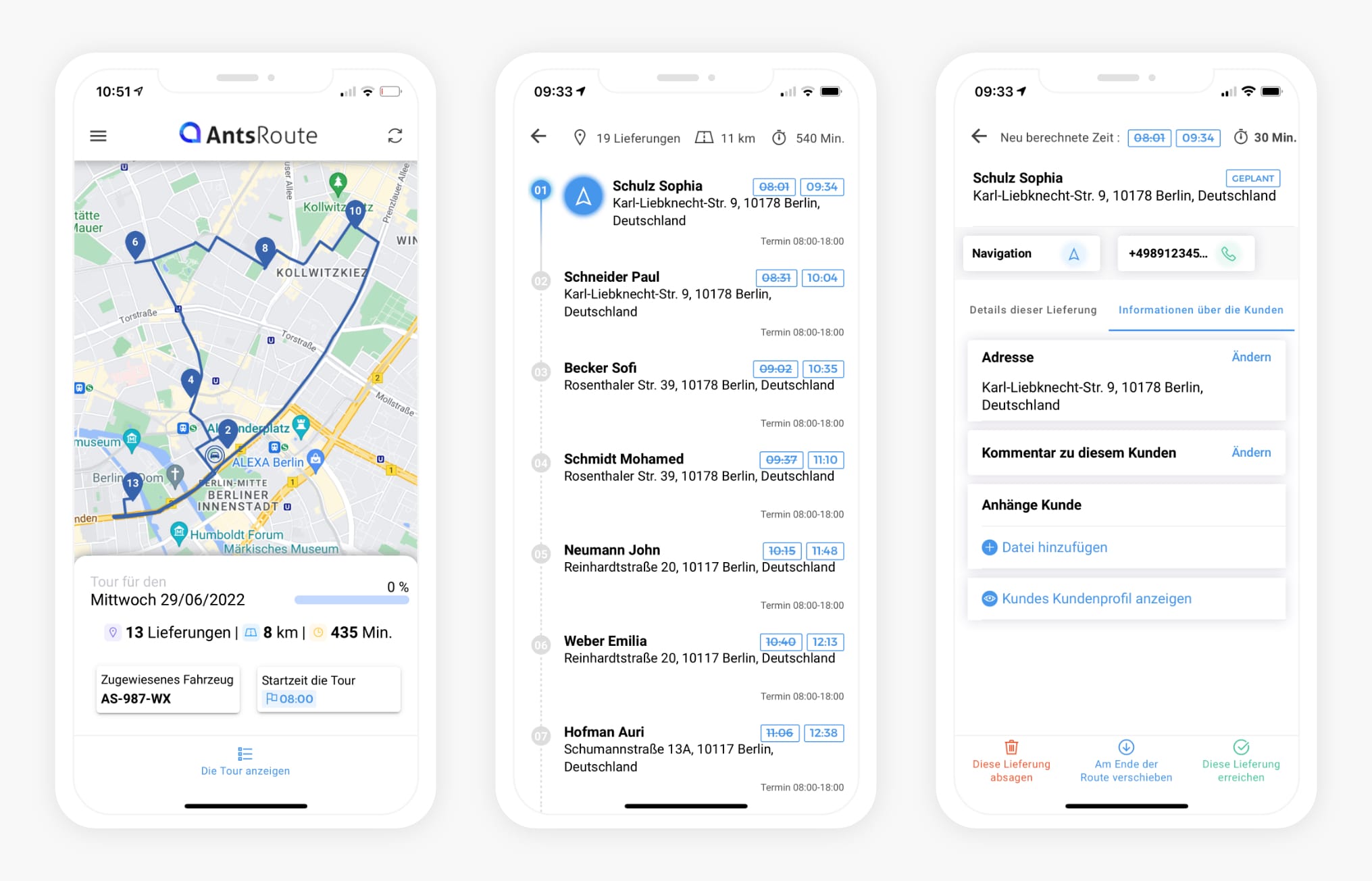 Die Mobil-App AntsRoute, die eine Tour auf einer Karte und einer Liste von Stopps zeigt.