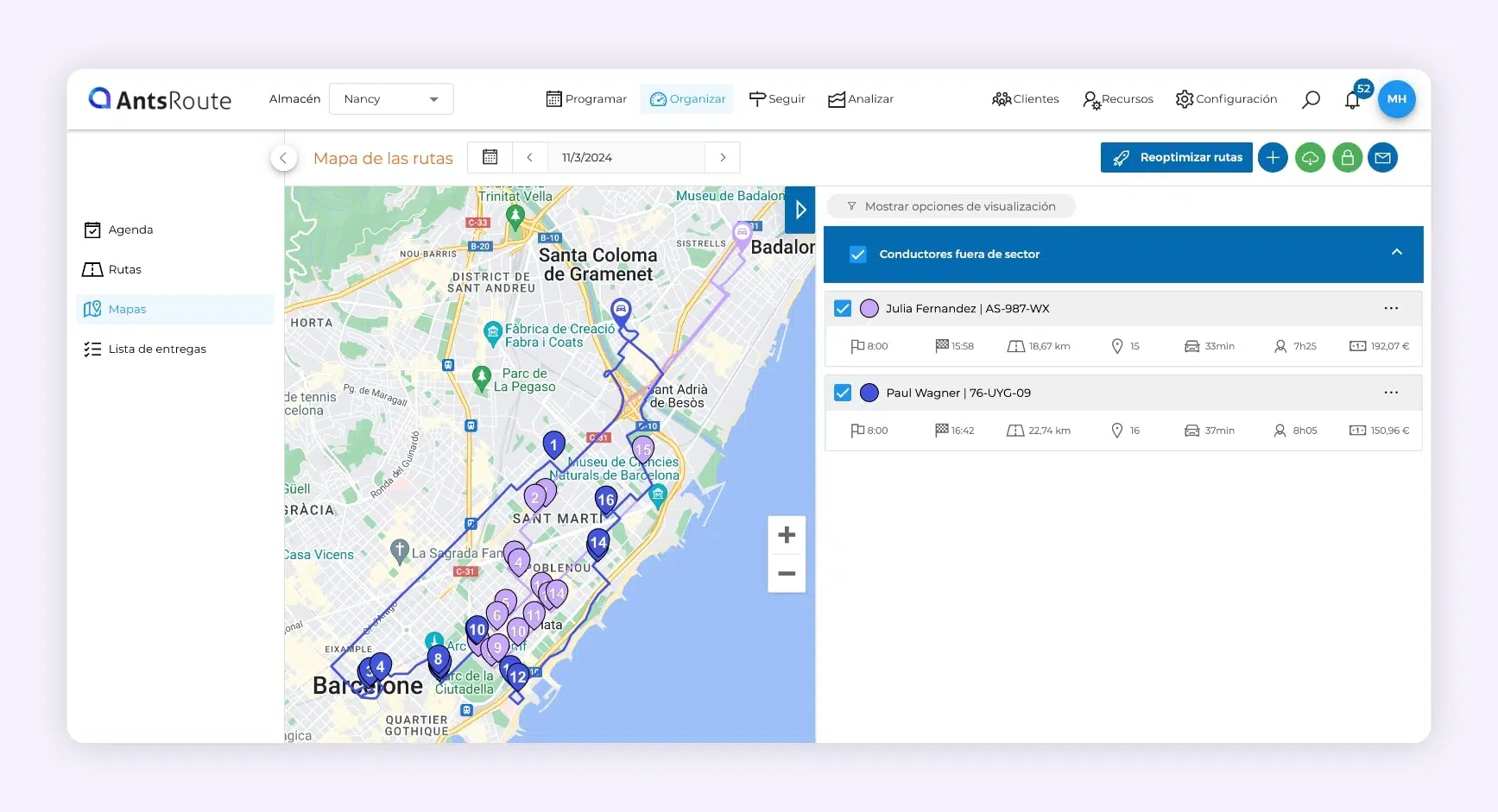 La interfaz AntsRoute muestra dos rutas de entrega en una mapa.