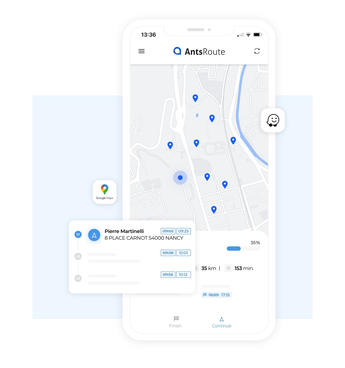 AntsRoute mobile application showing a route on a map