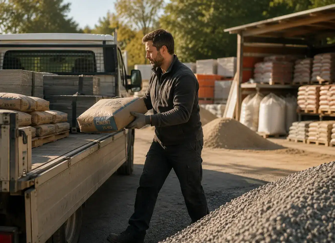 Chargement de sacs de ciment dans un camion de livraison
