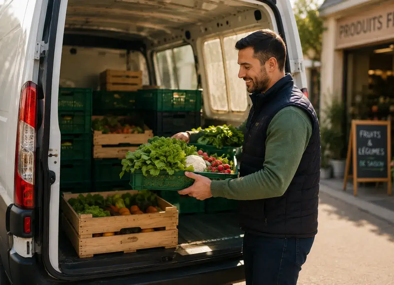 Livreur chargeant des caisses de produits frais et légumes dans son véhicule