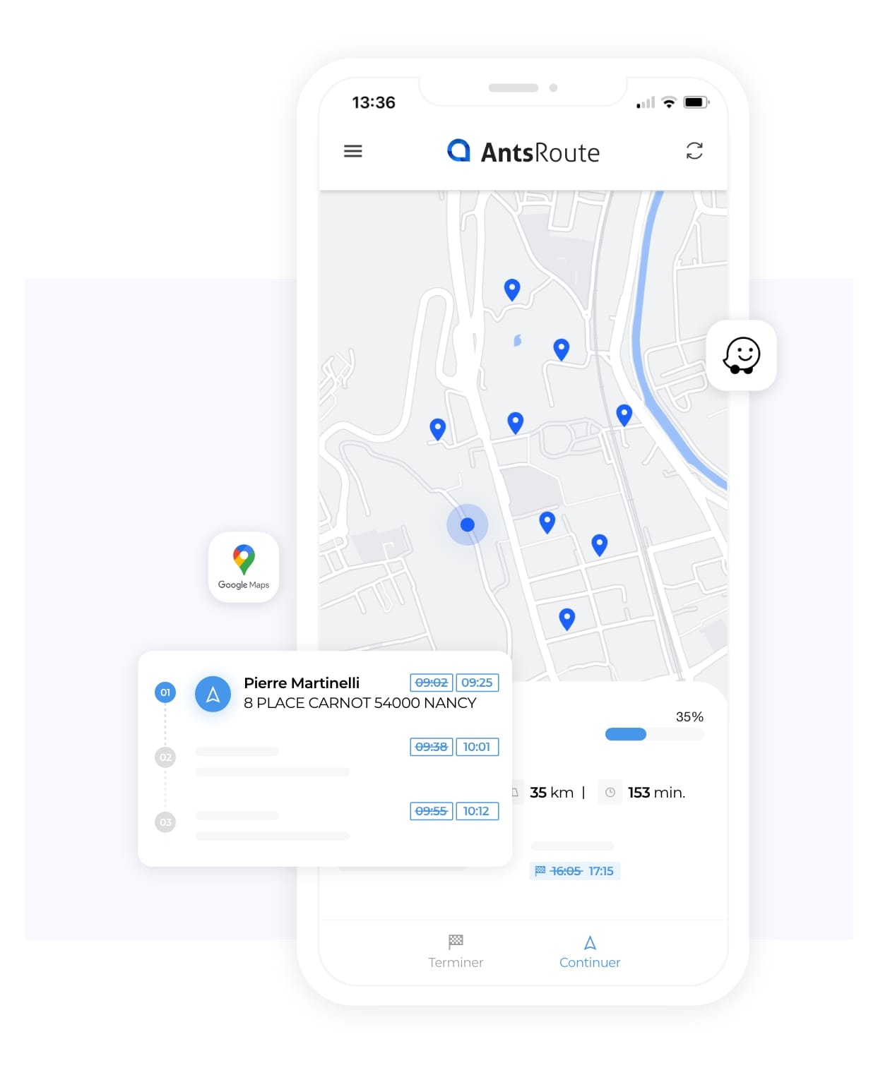 Application mobile AntsRoute montrant une tournée sur une carte