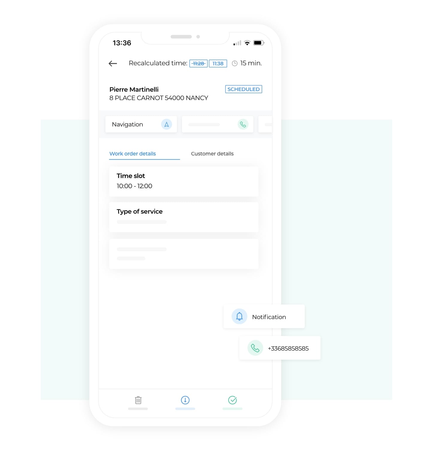 AntsRoute mobile application showing the details of a work order