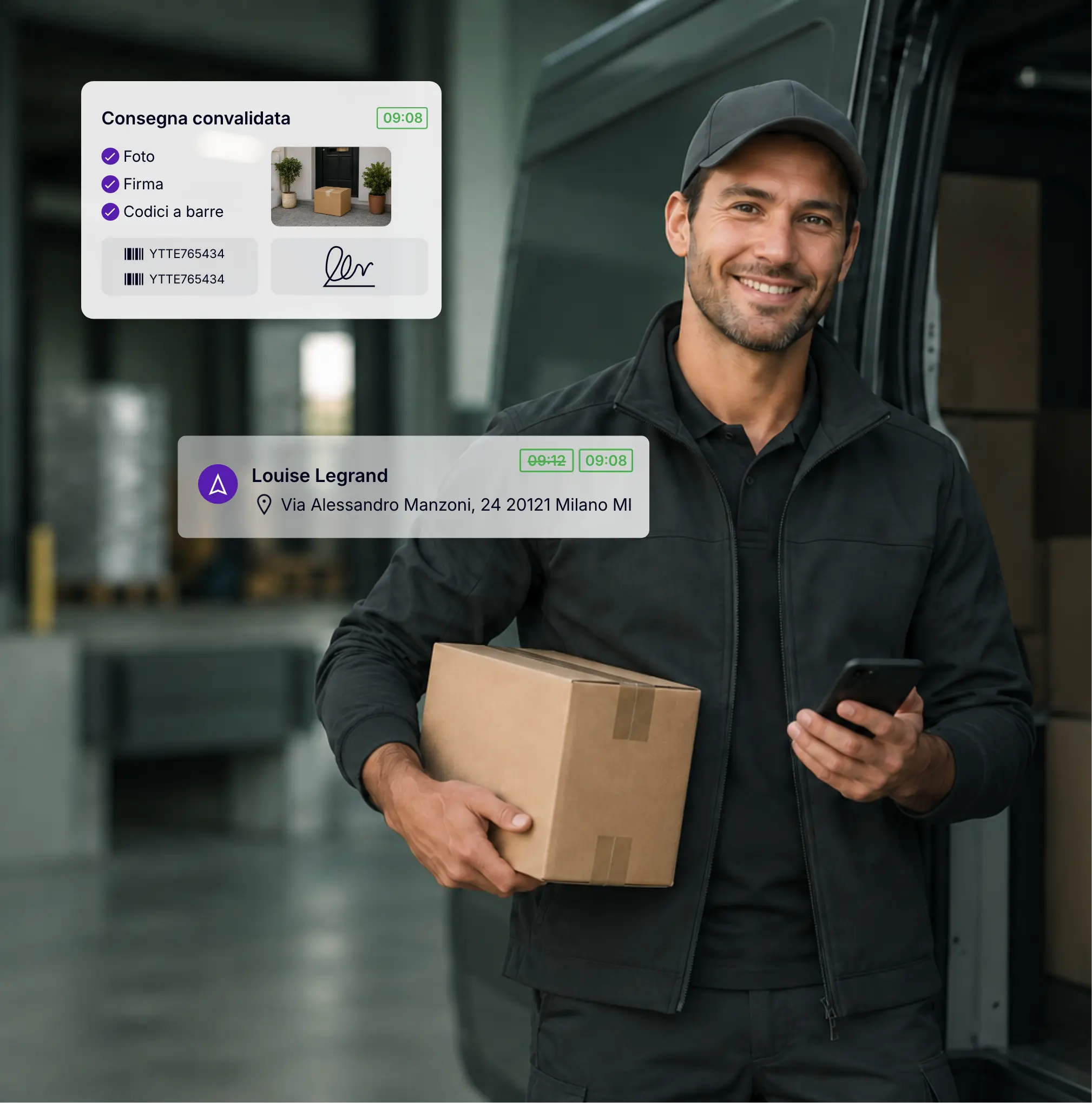Autista che utilizza l’app mobile AntsRoute per convalidare una consegna con foto, firma e scansione del codice a barre.