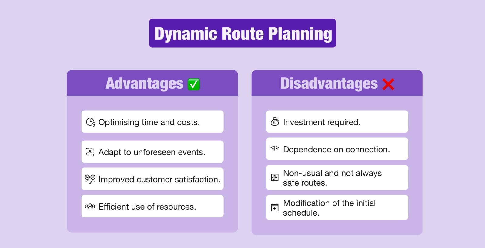 Diagram showing the advantages and disadvantages of dynamic route planning.