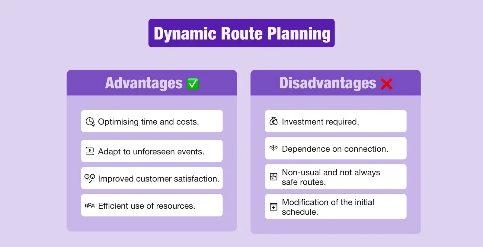 Diagram showing the advantages and disadvantages of dynamic route planning.