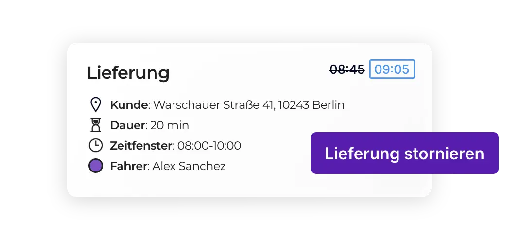 Geplante Lieferung in AntsRoute stornieren und die voraussichtliche Ankunftszeit der Tour aktualisieren