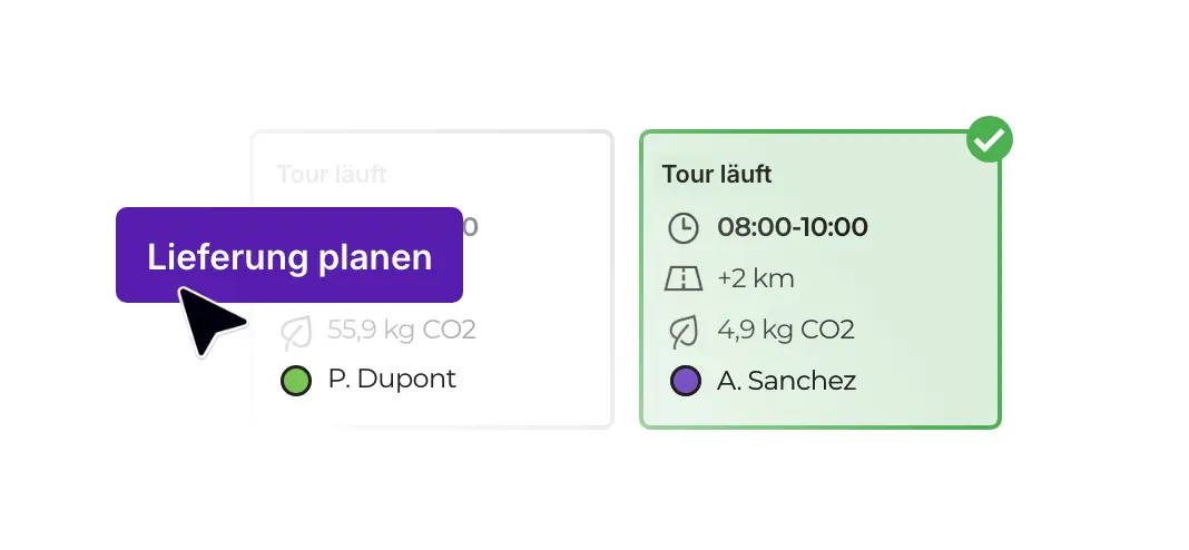 Neue Lieferung in eine laufende Tour einplanen und passende bestehende Tour anhand von Strecke und CO₂-Emissionen auswählen