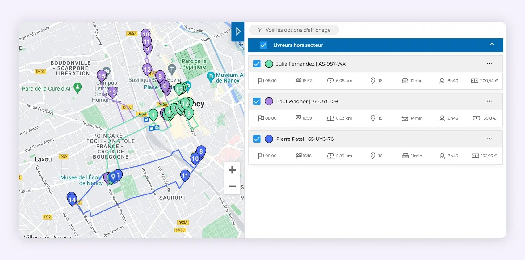 L'interface du logiciel AntsRoute montrant l'optimisation de trois tournées logistiques.