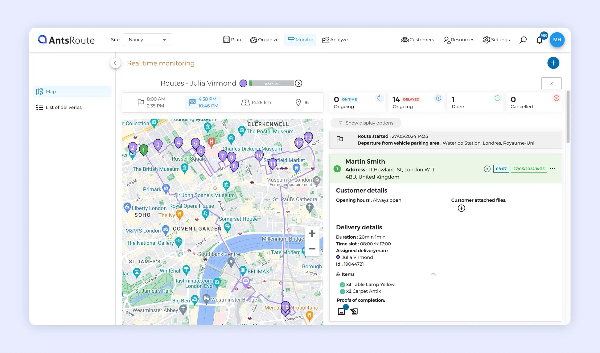Delivery route tracking using AntsRoute route optimisation software.
