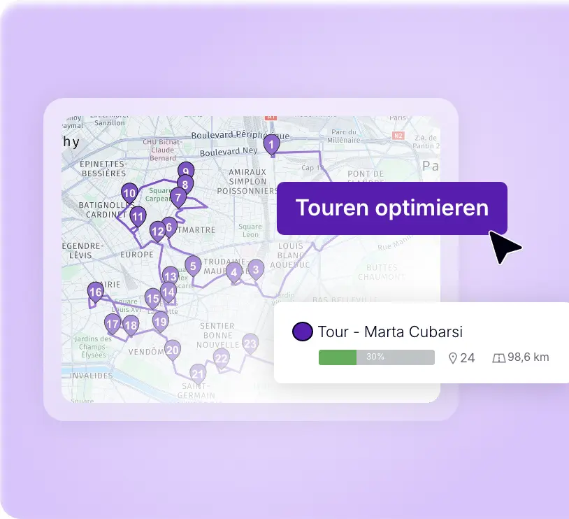 AntsRoute Karte mit optimierter Liefertour und geplanten Stopps