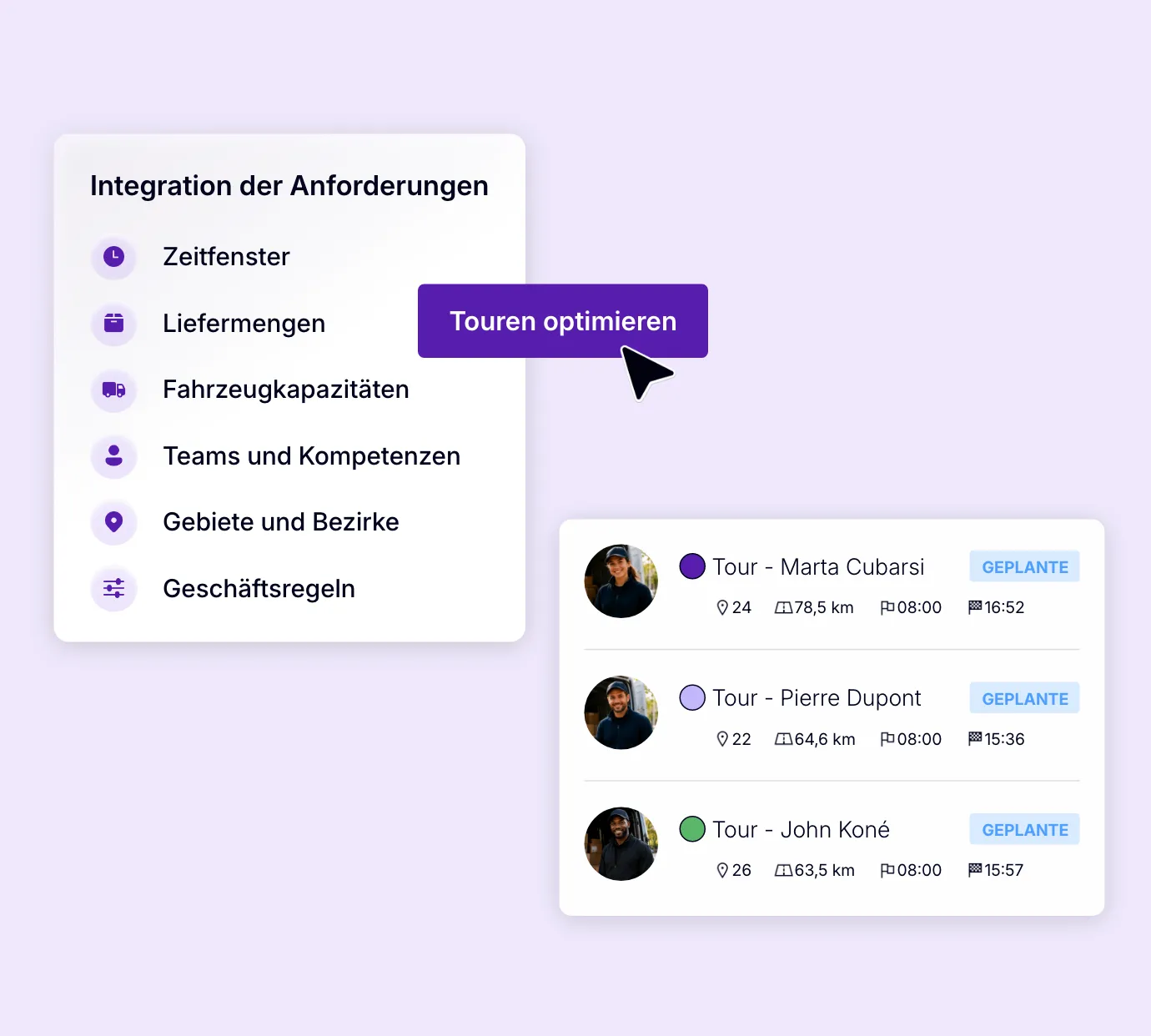 Tourenoptimierung unter Berücksichtigung von Zeitfenstern, Liefermengen, Fahrzeugkapazitäten und Teams