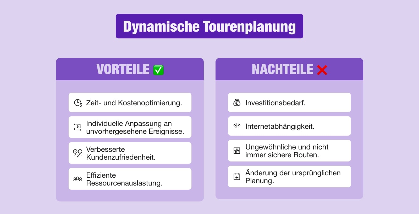 Schema mit den Vorteilen und Nachteilen der dynamischen Tourenplanung.