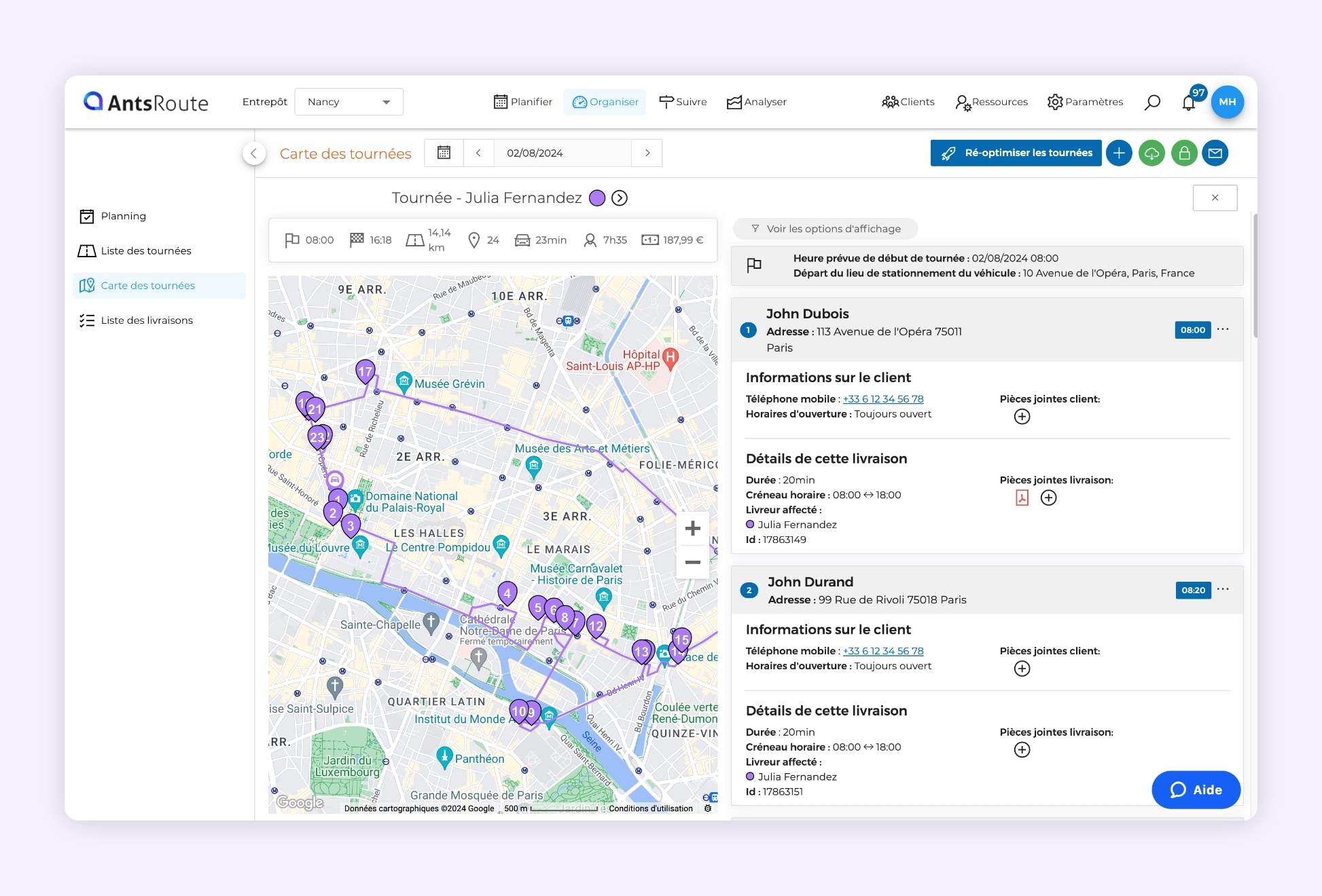 L'interface AntsRoute montrant une tournée de livraison optimisée.