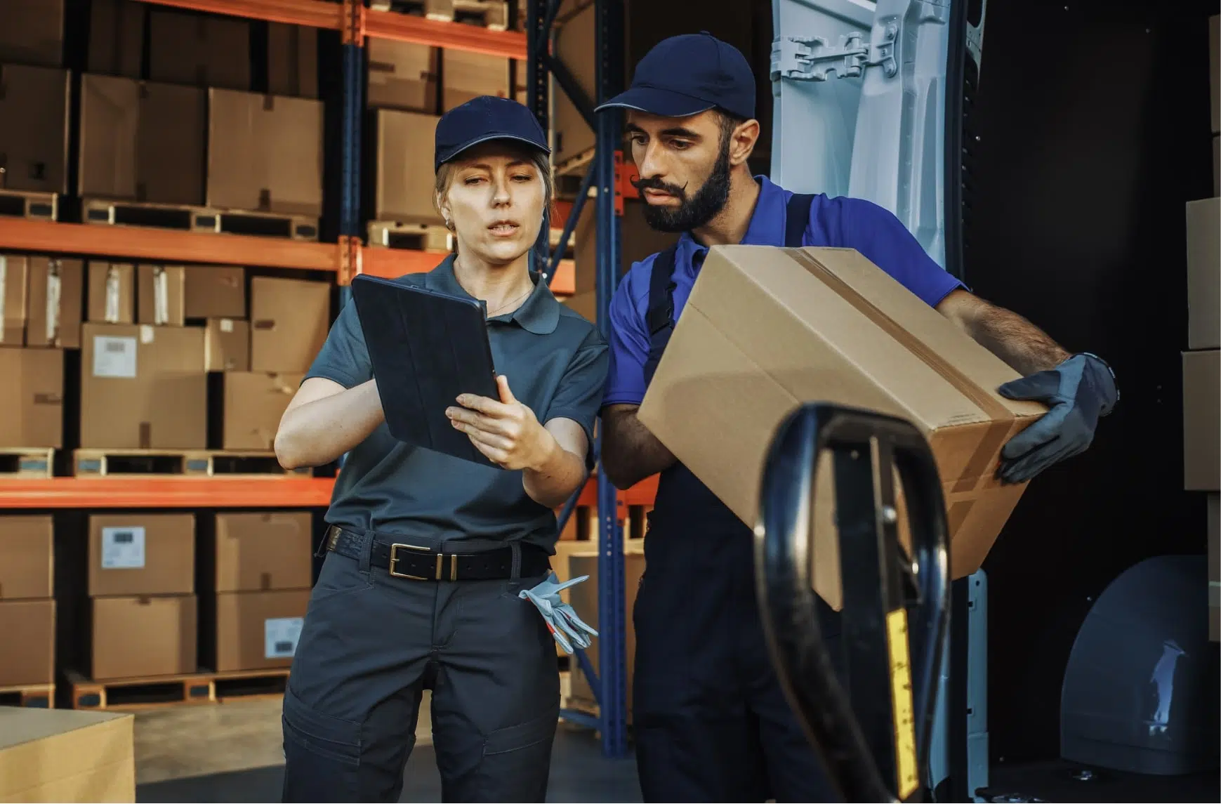 Two people in front of a warehouse use software to dispatch transport operations.