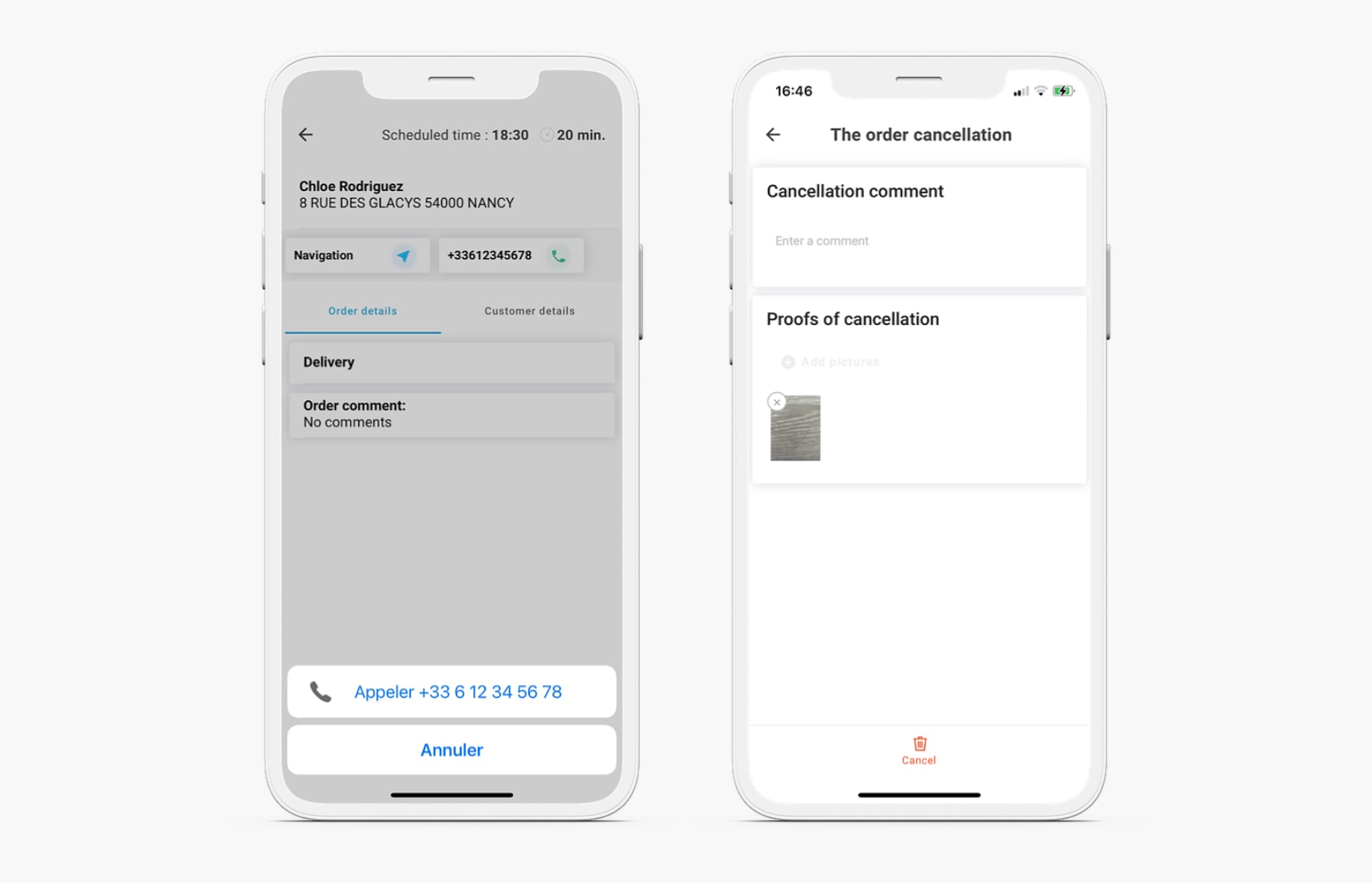 cancellation of a work order from the AntsRoute mobile application