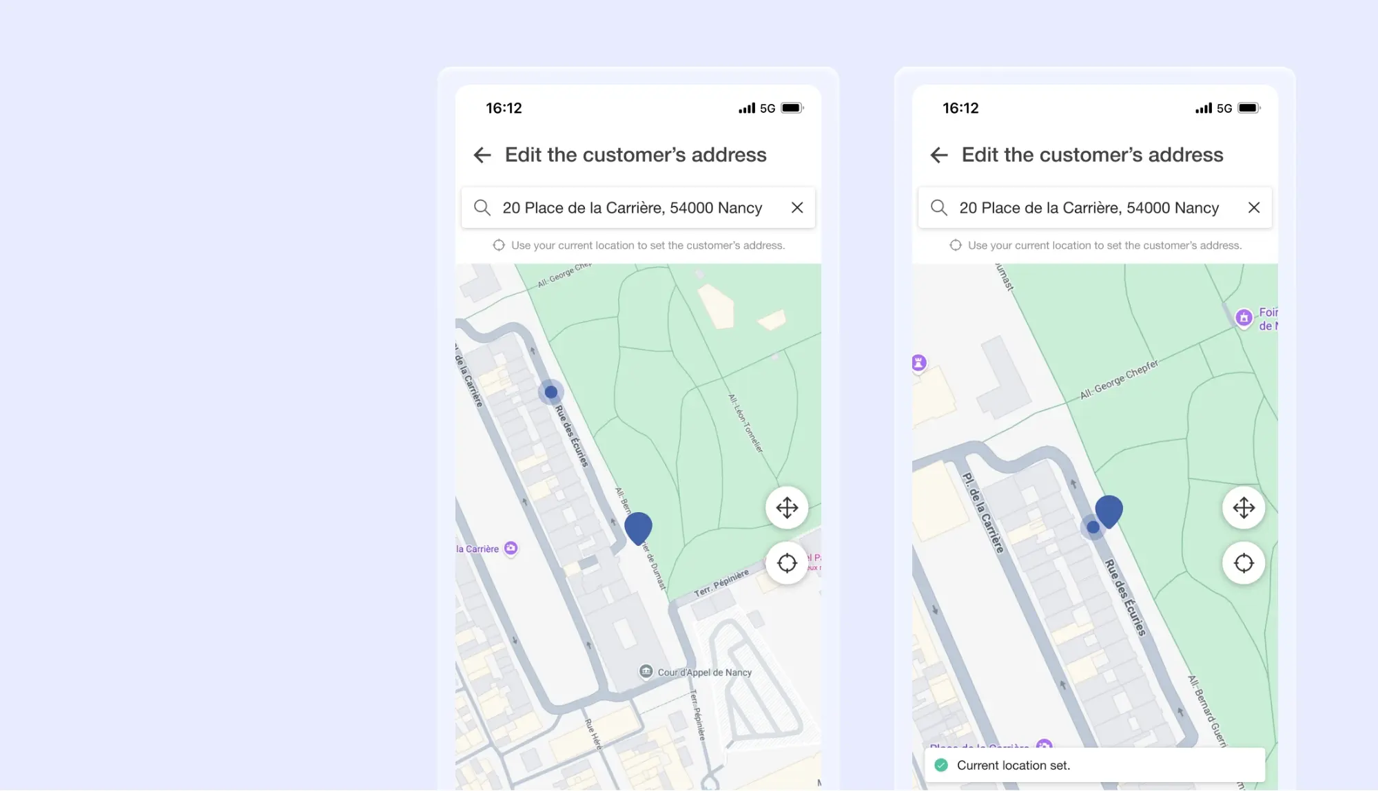 AntsRoute mobile app screen allowing users to edit a customer's address on an interactive map and set their current location using geolocation.