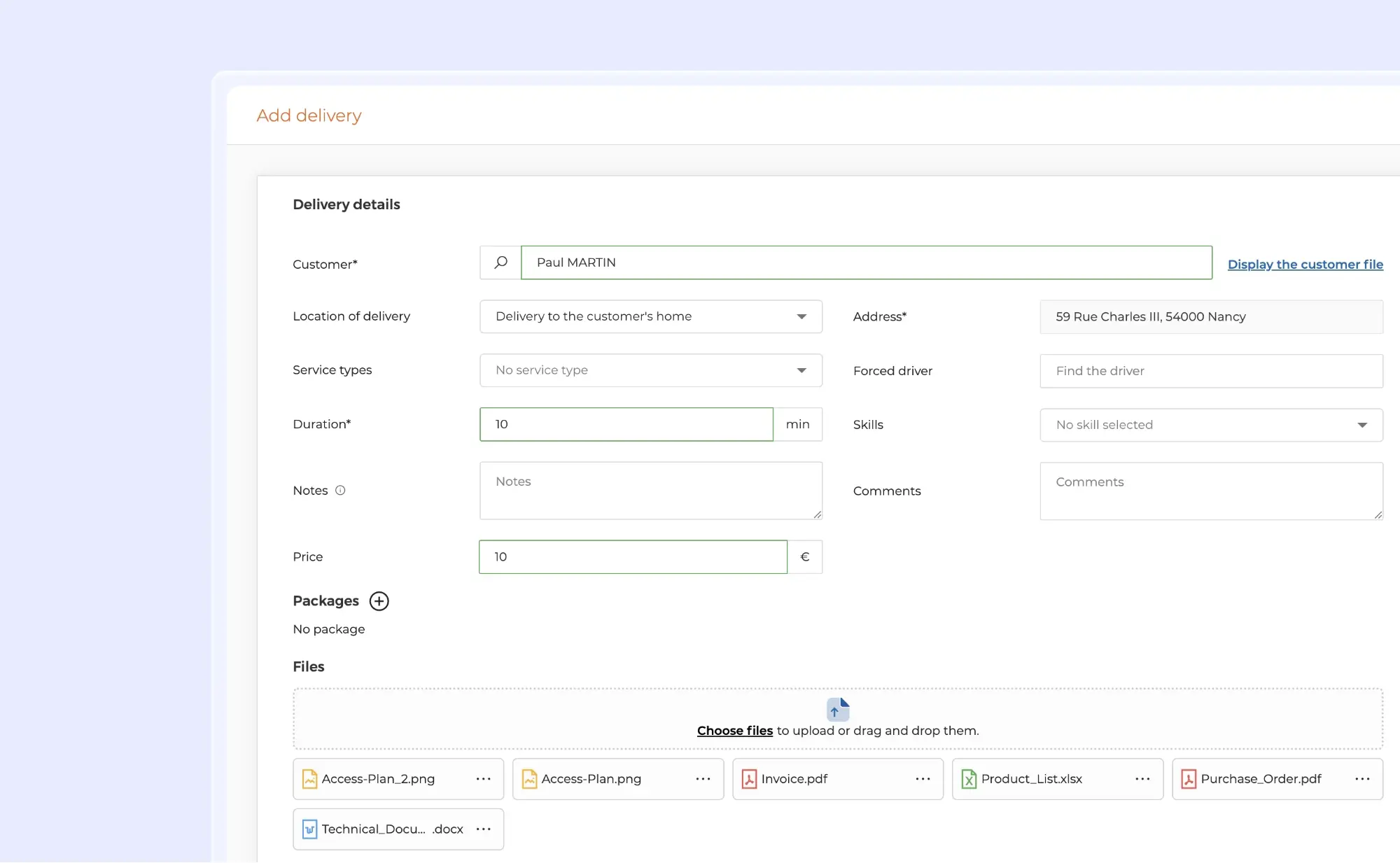 AntsRoute web interface for creating a delivery, featuring a data entry form and the ability to attach multiple files, including Excel spreadsheets, PDFs, images and Word documents.