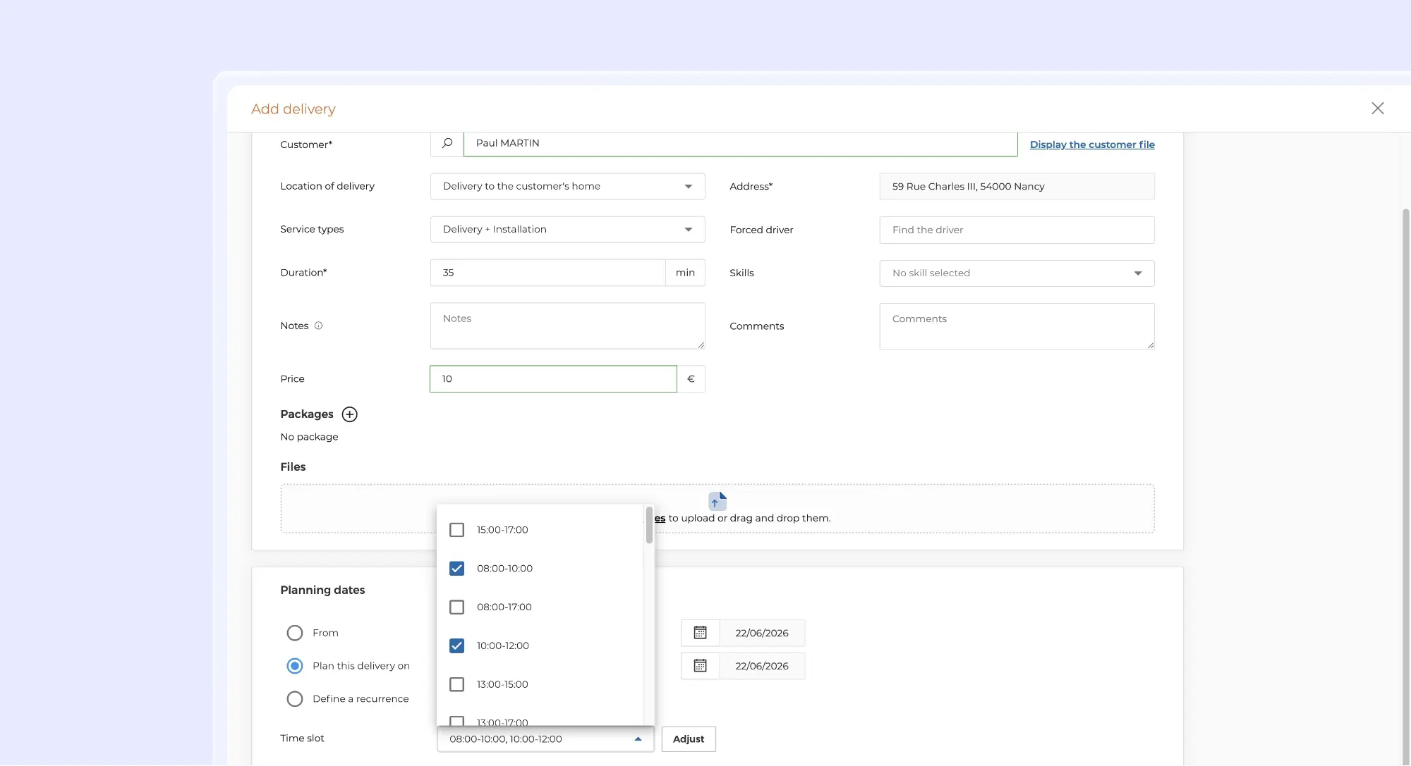 Delivery creation form allowing users to select multiple time slots to schedule a service appointment or delivery.