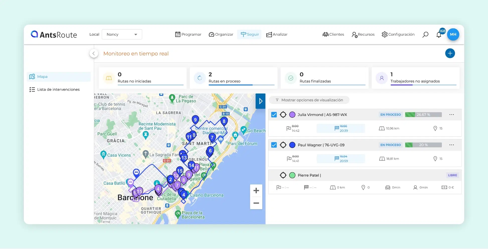 El software AntsRoute mostrando la creación de dos rutas de intervenciones optimizadas.