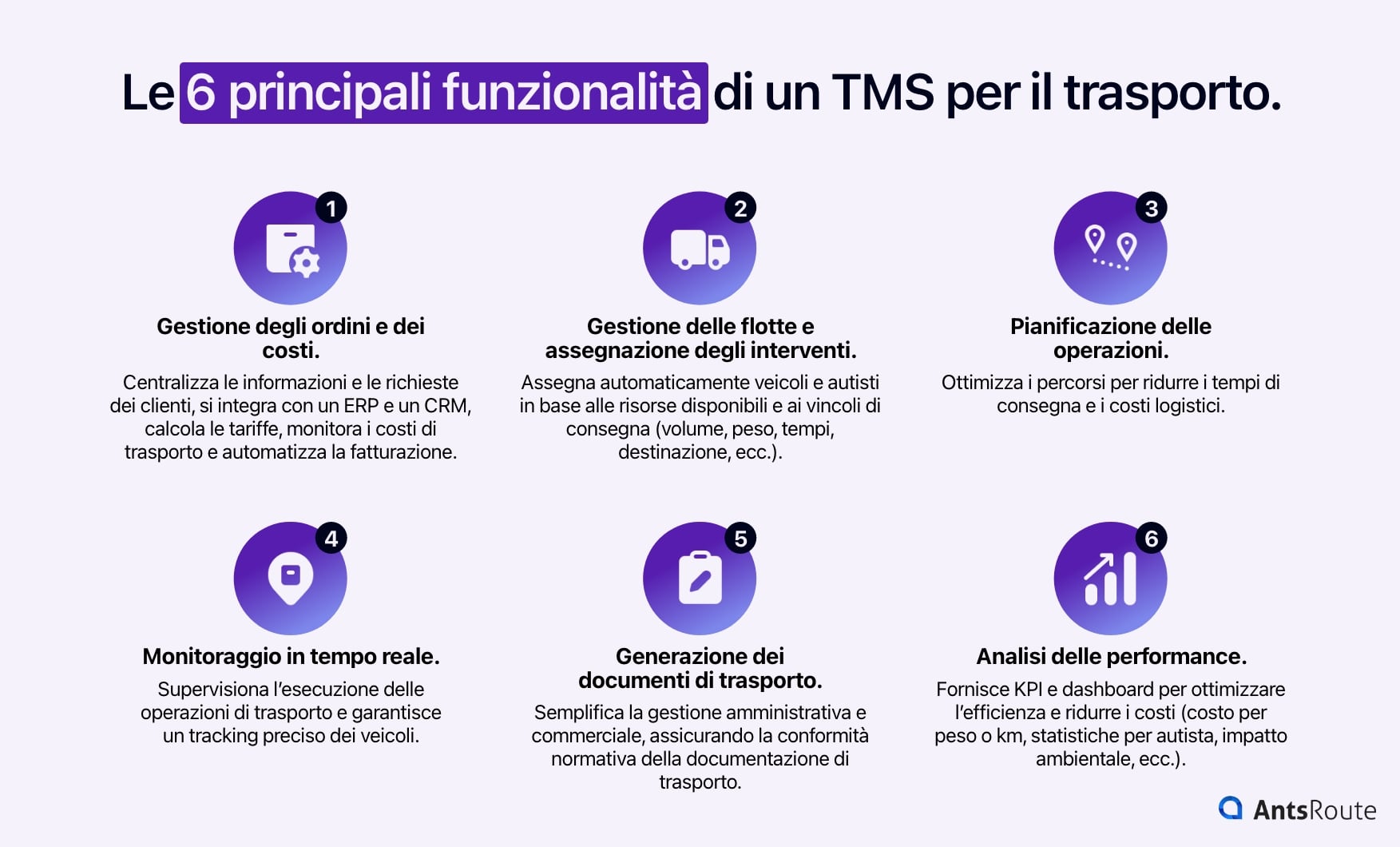 Diagramma che mostra le 6 funzioni principali di un TMS di trasporto.