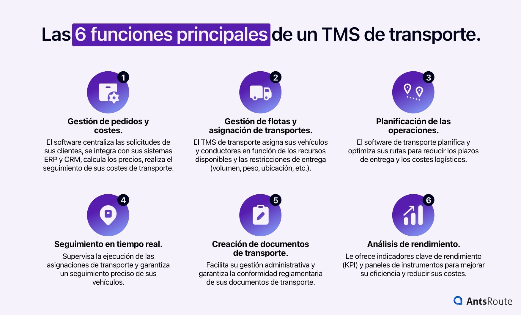 Diagrama que muestra las 6 funciones principales de un TMS de transporte.